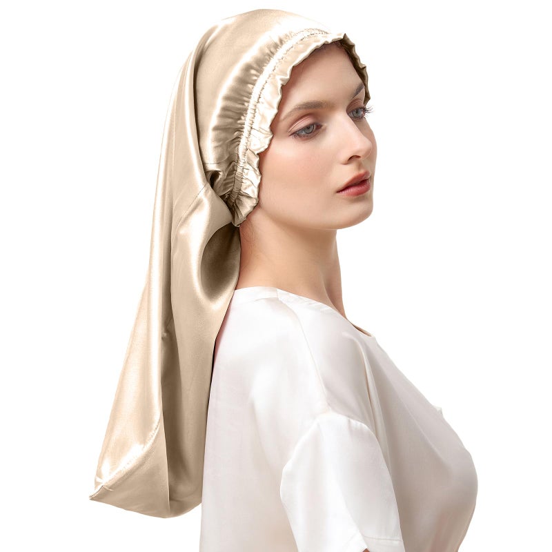 قبعة نوم من حرير التوت 100% للنساء مع حزام مرن لتغطية الشعر للشعر الطويل المجعد الشمبانيا